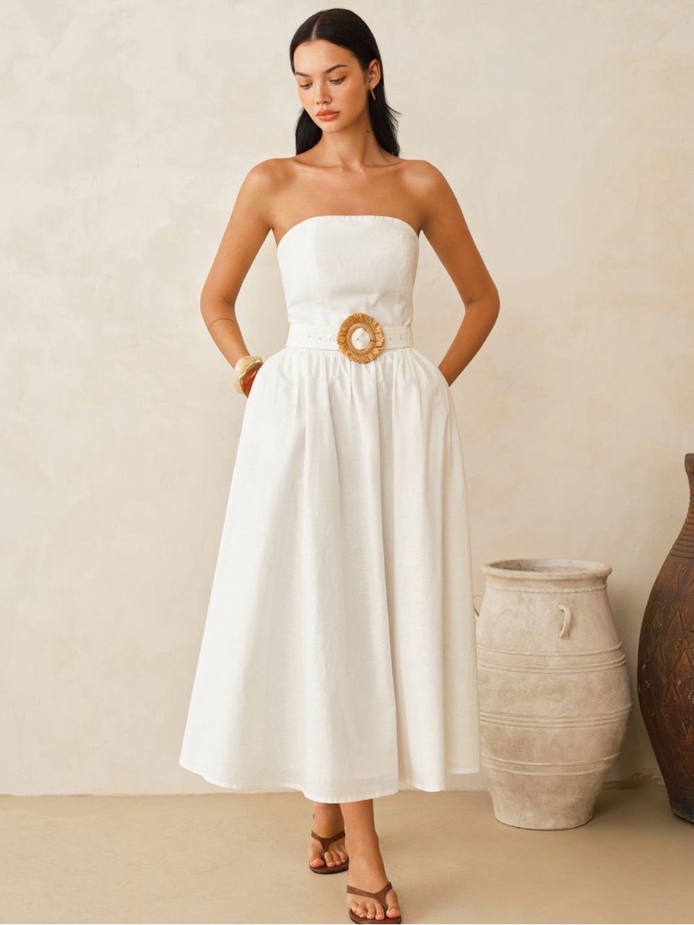 Commense Strapless White Dress with Natural Straw Buckle